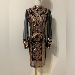 Patterned Gold Sequin Night-Out Dress